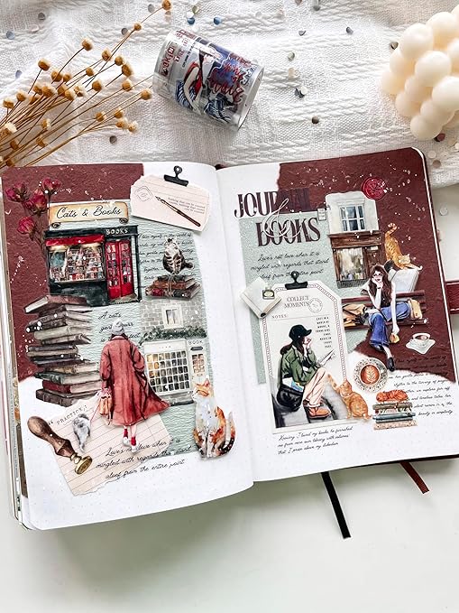 WT Pre-Cut Cats and Books Wide PET Tape, One Roll 5 Meters, Decorative Cute PET Tape for Bible Journaling, Bullet Journal Supplies,Scrapbooking Supplies,Planners, Party Decorations