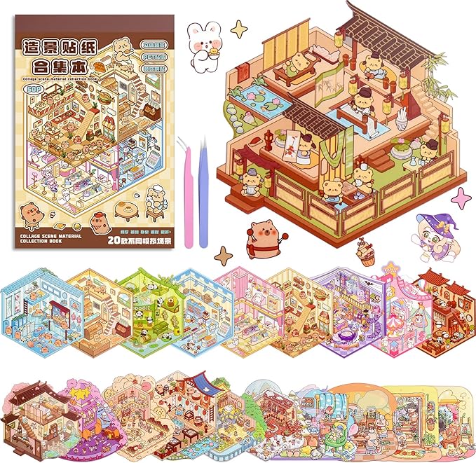 ASTARON 20 Sets DIY 3D Sticker Scene Book Sticker Therapy for Adults, Make Your Own Mini Cozy Shop House Room Stickers Cute Cartoon Miniature Stickers for Girls, Relief Stress Pass The Time
