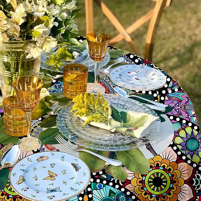 Eikione Boho Round Tablecloth 70 Inch Bohemia Table Cloth, Tablecloth Polyester Waterproof Stain Wrinkle Free, Indoor and Outdoor Round Table Cover