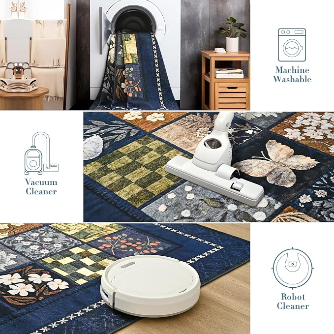 Tepook 8x10 Area Rugs for Living Room, Modern Large Geometric Rug for Bedroom, Washable Patchwork Rug Indoor Non Slip Throw Carpets for Dining Room Office Farmhouse Home Decor, Navy Blue