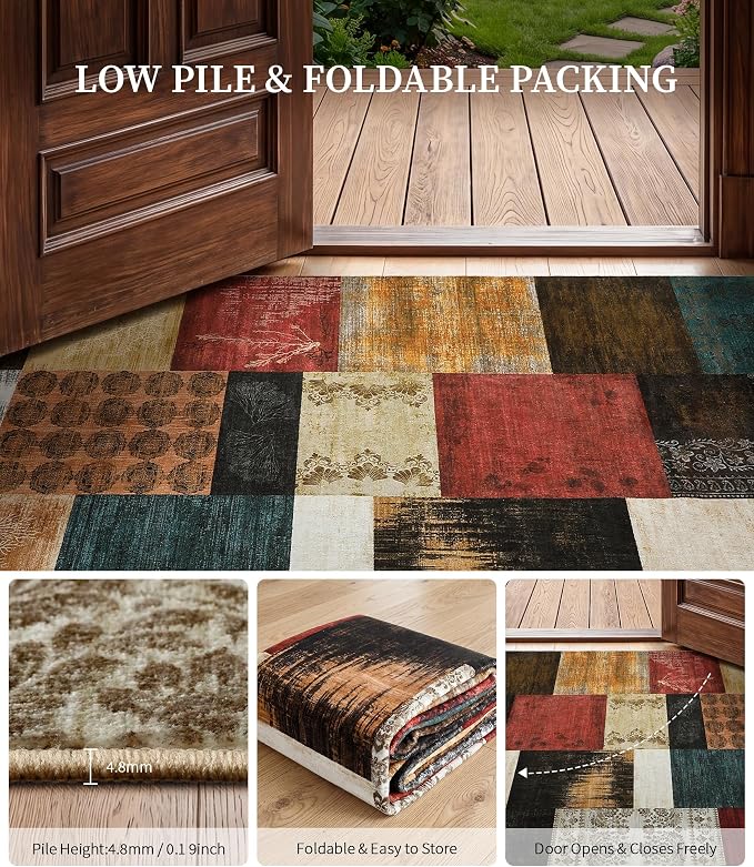 YIHOUSE Mid Century Modern Vintage Cowboy Runner Rug 2x6,Retro Patchwork Bedroom Rug,Red and Brown Floral Farmhouse Rugs Washable for Hallway Non Slip,Geometric Boho Area Rugs for Living Room