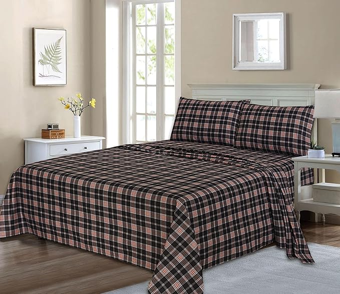 RUVANTI Flannel Sheets Queen Size - 100% Cotton Double Brushed Bed Sheets, Deep Pockets 16 Inches Queen Sheet Set, All Seasons Breathable & Extra Soft - Warm & Cozy, 4 Piece, Peach & Black Plaid