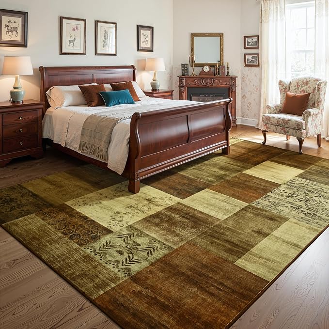 Tepook Modern Area Rug for Living Room, 4x6 Geometric Large Rugs for Bedroom, Washable Patchwork Rug Indoor Non-Slip Throw Carpets for Dining Room Office Farmhouse Home Decor, Brown