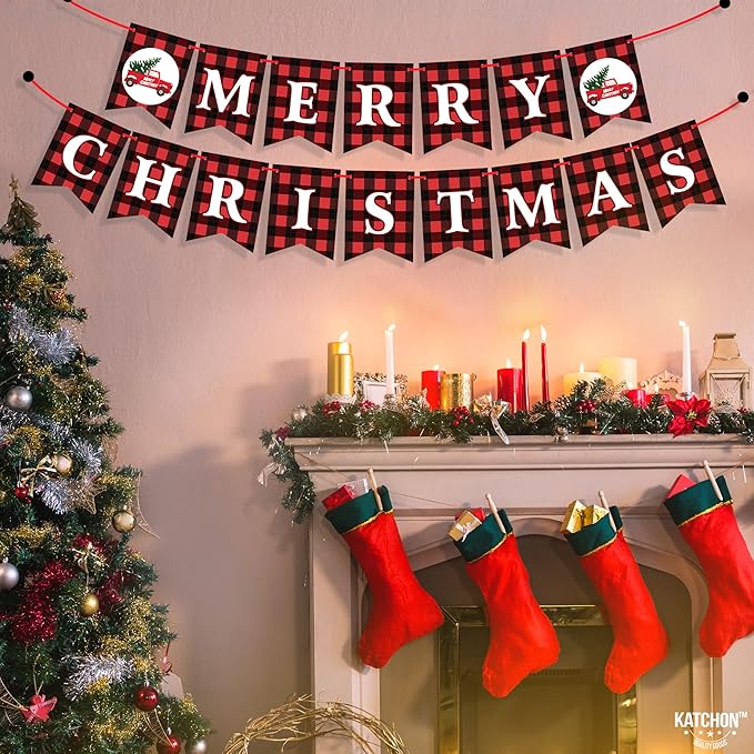 KatchOn, Merry Christmas Banner for Mantle- Large, 10 Feet, No DIY | Red and Black Christmas Fireplace Banner | Buffalo Plaid Christmas Decorations Indoor | Xmas Party Decorations | Xmas Decorations