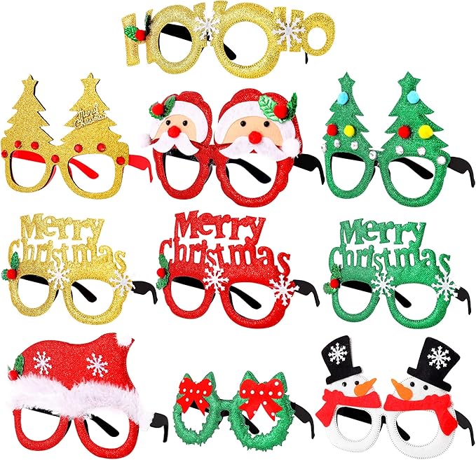 KatchOn, Glitter Christmas Photo Booth Props - Pack of 10 | Christmas Party Decorations | Xmas Party Favors for Kids | Santa Eyeglasses, Xmas Decorations