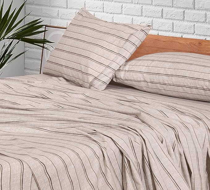 RUVANTI 100% Cotton Full Size Bed Sheets, 4 Pieces, Soft & Breathable Percale Weave Bedding, Deep Pocket 16", Hotel Standard, Crisp Cool Feel, Durable, Perfect Sheet Set Striped, Brown Stripes
