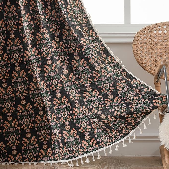 ENJOYBRIDAL Floral Curtains 84 Inch Length 2 Panels Boho Jacquard Drapes Black Cottagecore Living Room Semi Sheer Window Curtain Panels Farmhouse Bedroom Chic Decor Rod Pocket Tassel Window Treatments