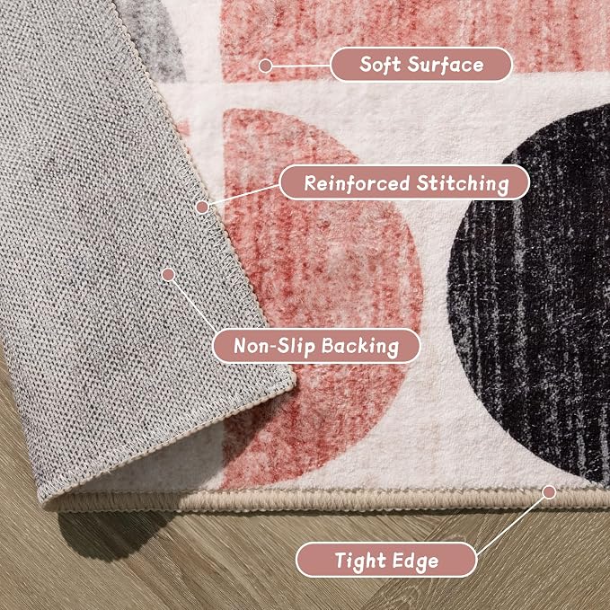 MUJOO Pink Rug Washable,5x7 Area Rugs for Living Room Bedroom,Boho Large Throw Floor Carpet Non Slip Soft Modern Abstract Pink and Grey