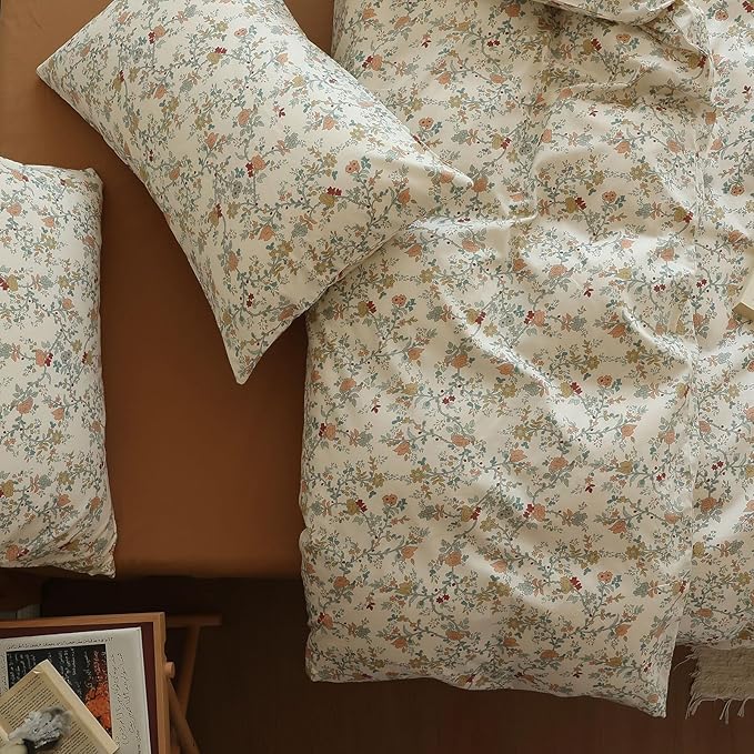LifeTB Rustic Flower Duvet Cover King Botanical Garden Floral Bedding Set 100% Cotton Vintage Country Style Girls Comforter Cover Flower Branches Pattern Cottagecore Bedding Set King Size