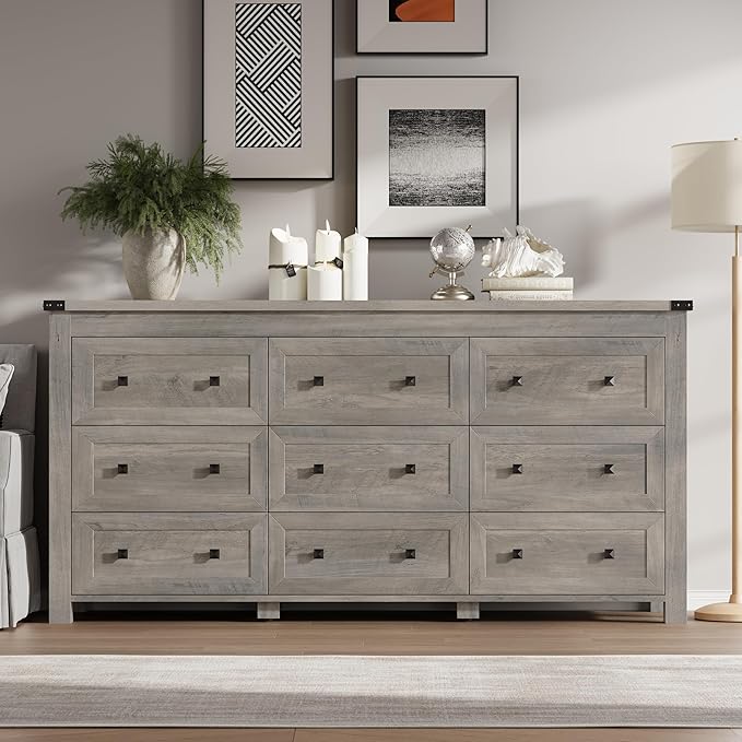 BORNOON 9-Drawer Dresser, Modern Wooden Storage Chest of Drawers, Dresser TV Stand, Wood Drawer Organizer with Metal Handles for Bedroom, Living Room, Hallway