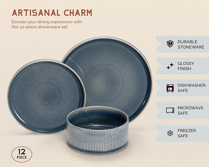 Ceramic Dinnerware Set, by Vase and Vessel, 12-Piece Service for 4, 9.8” Dinner Plates, 8” Salad Plates, 20 oz Bowls, Ombre Reactive Glaze, Durable Stoneware, Microwave & Dishwasher (Denim)