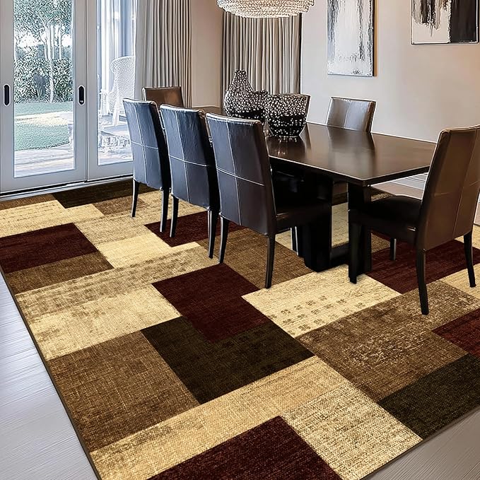 Modern Geometric Patchwork Indoor Area Rug for Living Room, Red 6x9 Large Rug Rockwood Collection Hardwood Floors Decor for Bedroom, Burgundy Throw Carpet for Office Entryway Dining Room