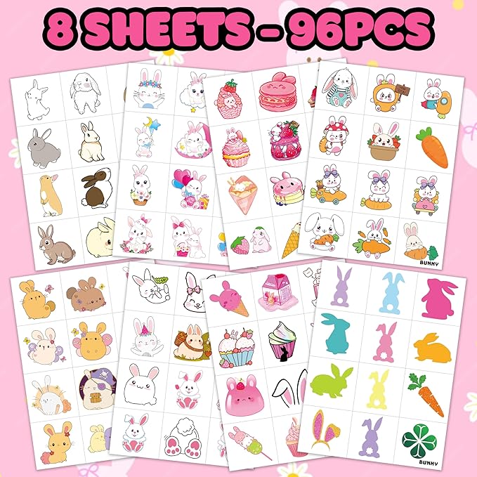 8 Sheets (96PCS) Bunny Pre-Cut Temporary Tattoos for Kids – Cute Bunny Birthday Party Favors Supplies Decorations, Easter Egg Carrot Tattoo Stickers for Boys and Girls, Classroom Rewards and Prizes
