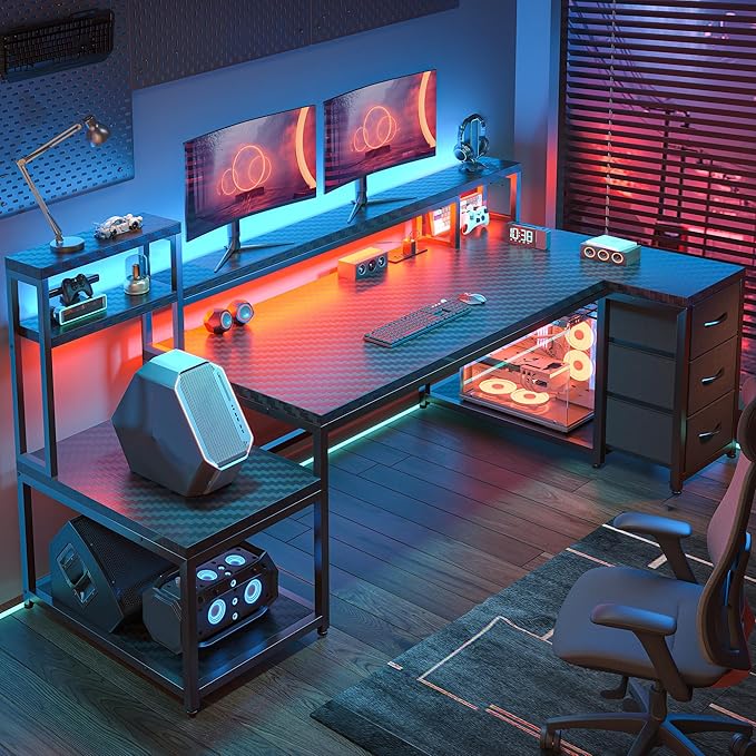 71" L Shaped Gaming Desk with 3 Drawers & Hutch, Computer Desk with Monitor Stand & Power Outlet, Home Office Desk Reversible Black Desk with LED Light,Printer Shelf,Storage Shelves,Black Carbon Fiber