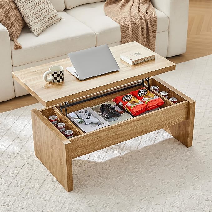 Small Lift Top Coffee Table, Wood Rectangle Coffee Table with Lifting Top and Hidden Storage Compartment, Mid Century Modern Center Tables for Small Space, Living Room, Office (Natural)