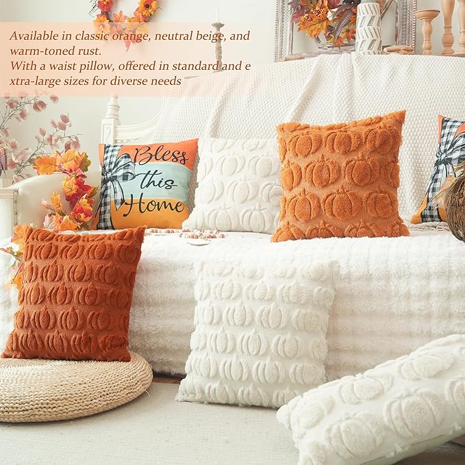 GEEORY Fall Pumpkin Throw Pillow Covers 16x16 Inch Set of 2, Autumn Soft Plush Faux Fur Wool Decorative Farmhouse Holiday Cushion Case for Home Decoration (Beige) GC002-16