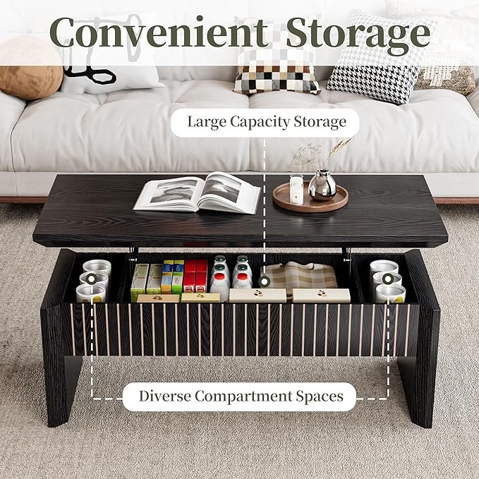 Lift Top Coffee Table with Storage, Mid Century Modern Coffee Table with Hidden Compartment, Fluted Wood Rectangle Center Table for Living Room, Home Office, Walnut (Black, 42.5''W)