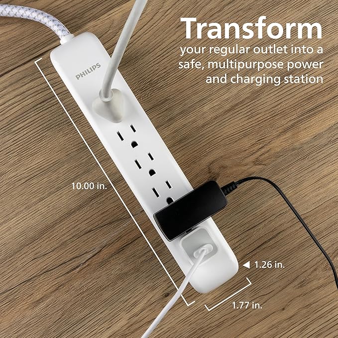 Philips 6 Outlet Power Strip Surge Protector, 6 Ft Power Cord, Designer Braided Extension Cord, Flat Plug, Perfect for Office or Home Décor, 1080 Joules, White, SPC3054WA/37