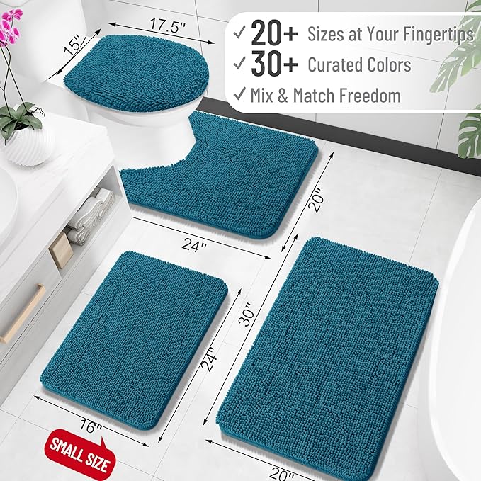 OLANLY Toilet Rugs U-Shaped 24x20, Extra Soft Absorbent Chenille Contour Bathroom Rugs for Toilet, Dry Quickly, Machine Washable, Non-Slip Bath Mat, Peacock Blue