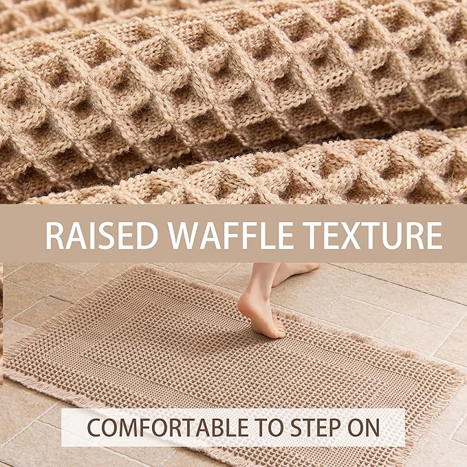 Waffle Bath Mat Non Slip, Boho Bathroom Rug, Super Absorbent Quick Dry Bathroom Mat, Soft Farmhouse Bath Rug with Tassels, Small Washable Shower Mats for Floor 20"x32", Square Brown