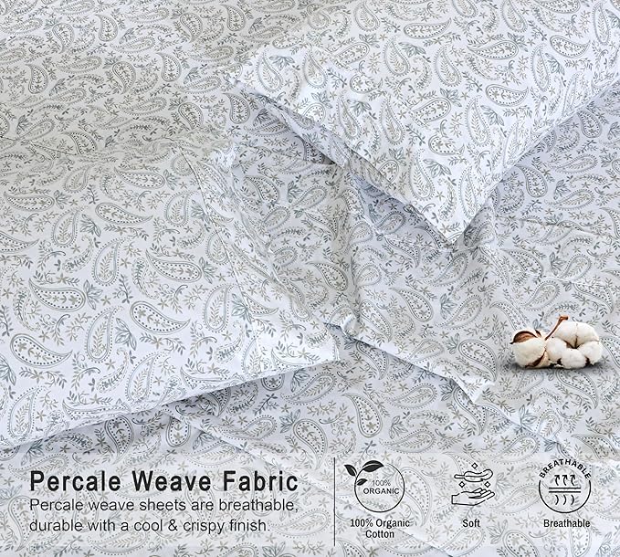 RUVANTI 100% Organic Cotton Sheets Split King, Percale Weave, GOTS Certified, 5-Piece Set, Deep Pocket 15", Crisp & Breathable, Soft Durable Bedding, Sábanas Algodón Orgánico – Ornate Oasis