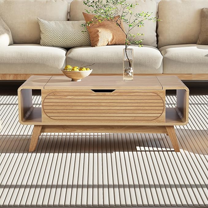 Small Lift Top Coffee Table with Hidden Compartment, Mid Century Modern Curved Coffee Table with Storage Shelf, Wooden Rectangle Center Table with Lift Tabletop for Living Room, Office (Natural)