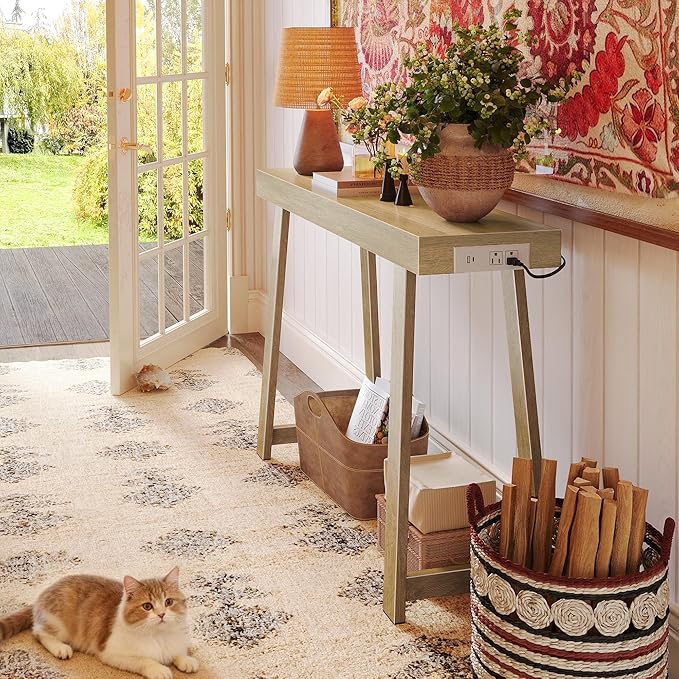 Huuger Entryway Console Table with Charging Station, USB-C Port, 39.4 Inch Sofa Table with Metal Legs, Entry Hallway Table with Thicker Desktop, Modern Behind Couch Table, Natural