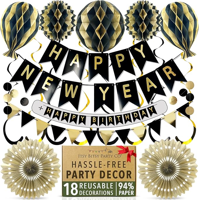 Premium Reusable New Years Decorations 2026 - Multi-occasion Happy New Year Banner also spells Happy Birthday, Fast Assembly with Velcro - NY Eve 2026 Party Supplies / Black and Gold Party Decorations