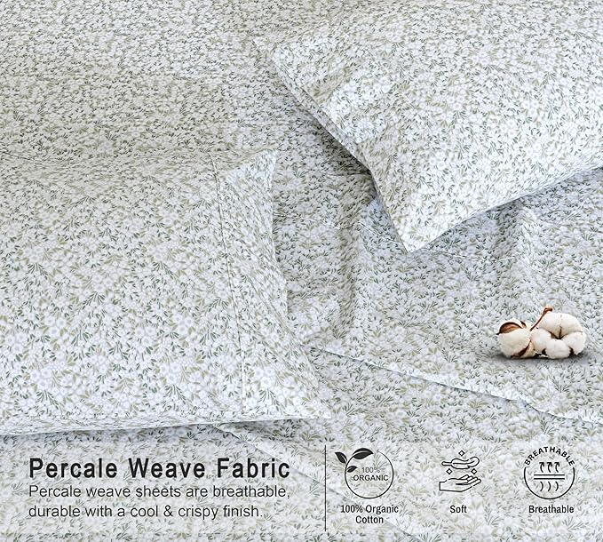 RUVANTI 100% Organic Cotton Sheets California King, Percale Weave, GOTS Certified, 4-Piece Set, Deep Pocket 13", Crisp & Breathable, Soft Durable Bedding, Sábanas Algodón Orgánico – Floral Rush