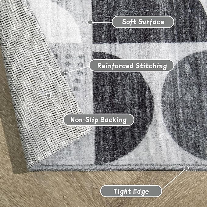 MUJOO Small Rug Washable,Boho Area Rugs for Entryway Bathroom Entry Entrance Bedroom Kitchen,Front Door Mat Throw Carpet Non Slip Indoor Soft Modern Abstract 2x3 Black and Grey