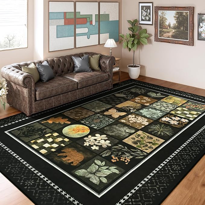 Tepook 5x7 Area Rugs for Living Room, Modern Large Geometric Rug for Bedroom, Washable Patchwork Rug Indoor Non Slip Throw Carpets for Dining Room Office Farmhouse Home Decor, Black