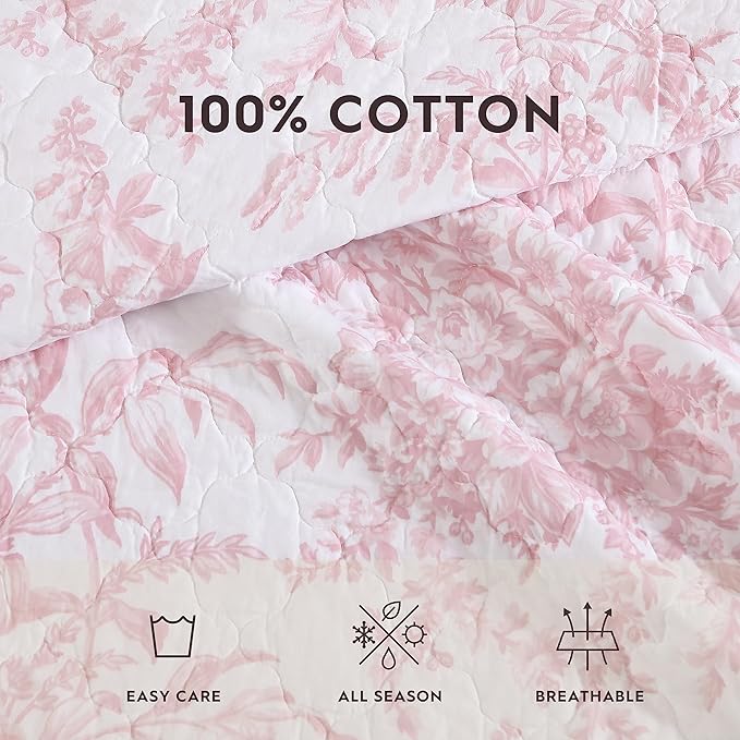Laura Ashley - King Quilt Set, Soft & Reversible Cotton Floral Bedding with a Medium Weight Feel, 3 Piece Bed Set with Matching Pillowcases (Bedford Pink)