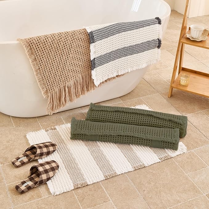 Waffle Bath Mat Non Slip, Boho Bathroom Rug, Super Absorbent Quick Dry Bathroom Mat, Soft Farmhouse Bath Rug with Tassels, Small Washable Shower Mats for Floor 24"x36", Olive Green