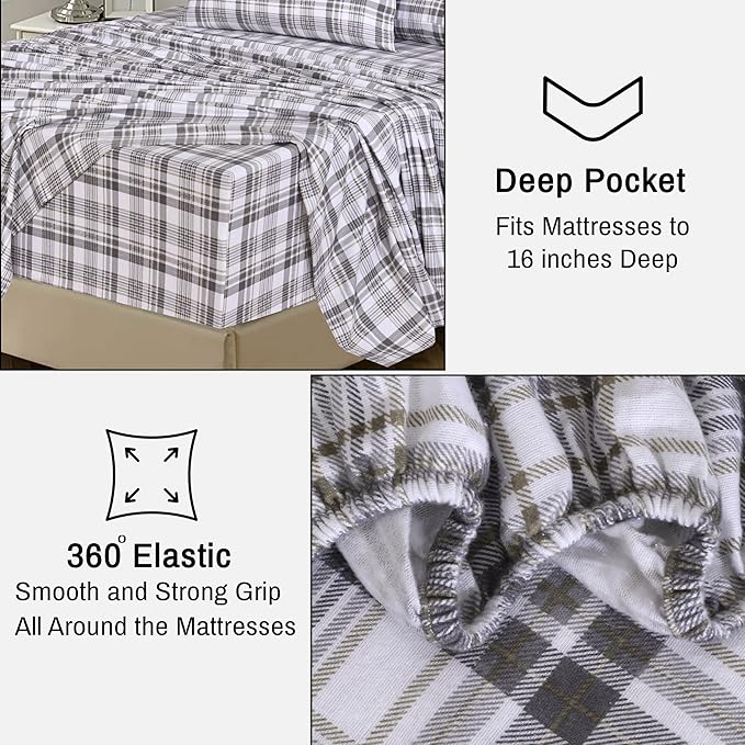 RUVANTI Flannel Sheets Queen Size - 100% Cotton Double Brushed Bed Sheets, Deep Pockets 16 Inches Queen Sheet Set, All Seasons Breathable & Extra Soft - Warm & Cozy, 4 Piece, Modest