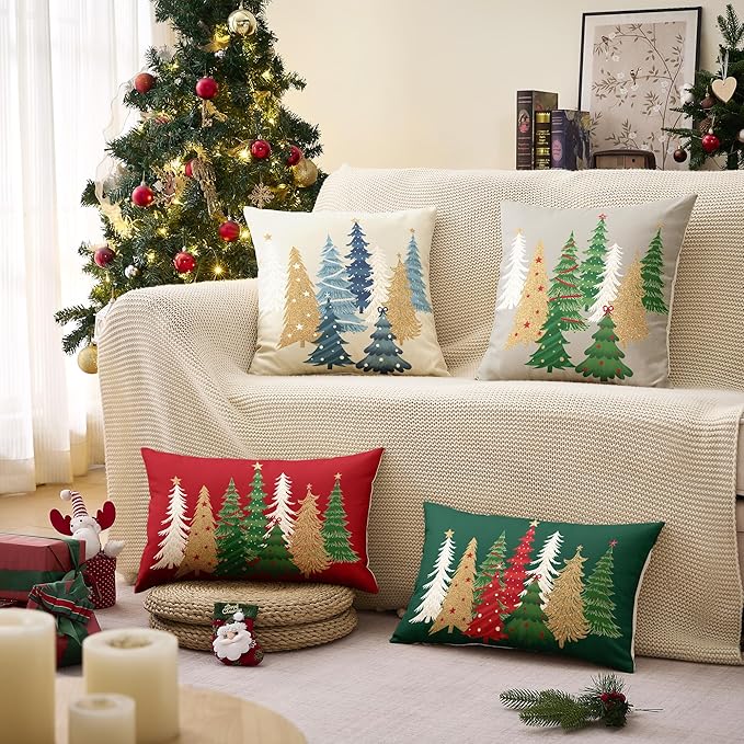 Christmas Pillow Covers 18x18 Inch Set of 2 Red Decorative Christmas Tree Throw Pillows Linen Winter Holiday Decor for Home Sofa Couch Bed Chair