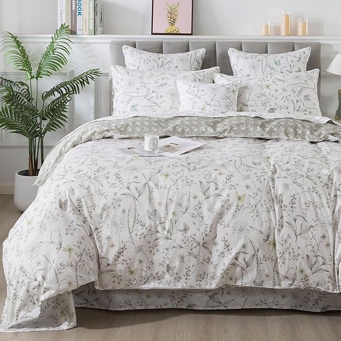 FADFAY Duvet Cover Set Colorful Butterfly Bedding Vintage Botanical Comforter Cover Set Shabby Branches Bedding 100% Cotton Soft Quilt Cover with Hidden Zipper Closure 3Pcs, King/California King Size