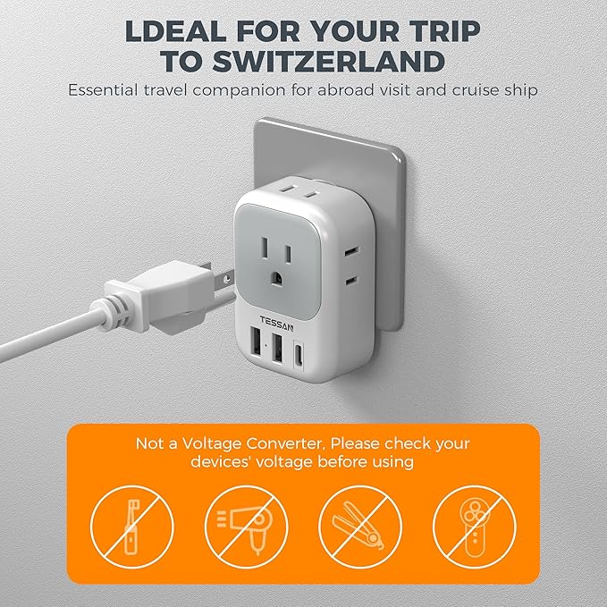 Switzerland Power Adapter 2 Pack, TESSAN Type J Adaptor with 4 Outlets 3 USB Charging Ports(1 USB C), Swiss Travel Plug for US to Switzerland, Liechtenstein, Rwanda
