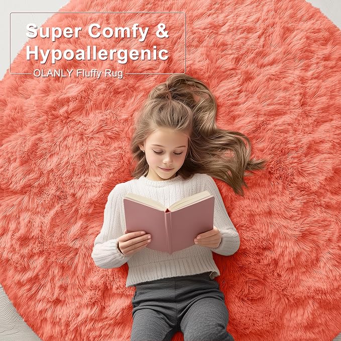 OLANLY Coral Red Round Rugs for Bedroom - Machine Washable, 5 ft Circle Area Rugs for Living Room, Soft and Fluffy Shaggy Carpet for Teen Girl and Boys, Nursery Rooms, Dorms, Home Decor Aesthetic