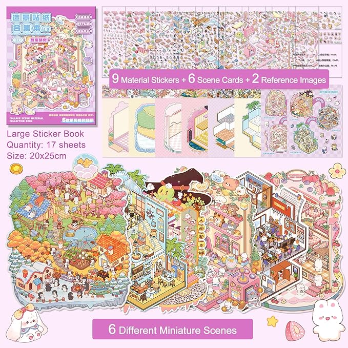 ASTARON 6 Sets DIY 3D Sticker Scene Book Sticker Therapy for Adults, Make Your Own Mini Cozy Shop House Room Stickers Cute Cartoon Miniature Stickers, Relief Stress Pass The Time