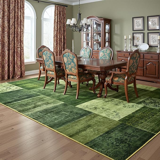 Tepook 5x7 Green Area Rugs for Living Room, Modern Large Geometric Rug for Bedroom, Washable Patchwork Rug Indoor Non Slip Throw Carpets for Dining Room Office Farmhouse Home Decor