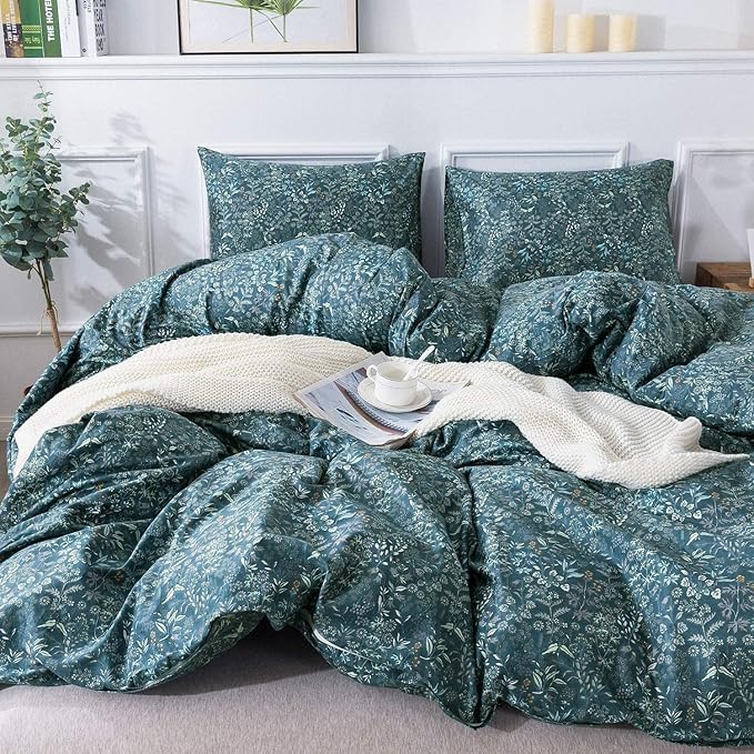 EAVD Botanical Floral Duvet Cover King Soft 100% Cotton Floral Blue Duvet Cover Set Chic Shabby Floral Bedding Set Garden Style Blue Floral Comforter Cover with Zipper Closure 4 Ties