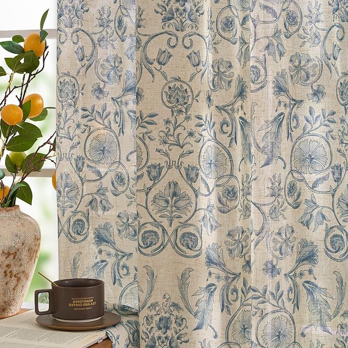 jinchan Linen Floral Curtains for Living Room with Printed Flower 63 Inches Long Light Filtering Farmhouse Window Treatment Vintage Short Drapes Back Tab Rod Pocket 2 Panels Blue on Beige