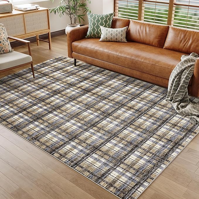 Living Room Rug 4x6 Washable Area Rug for Bedroom Modern Boho Border Non Slip Throw Rugs Soft Low Pile Stain Resistant Carpet for Nursery Classroom Dining Room 4'x6' Blue&Camel