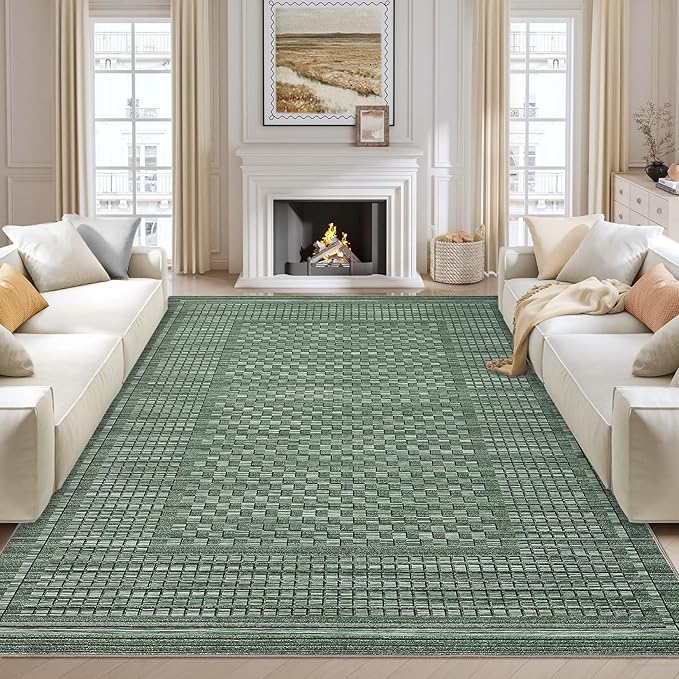 Washable Rugs 10x13 Rug for Living Room Modern Bedroom Rug Aesthetic Green Large Area Rug Non Slip Throw Rugs Soft Low Pile Stain Resistant Carpet for Dining Room 10'x13' Green