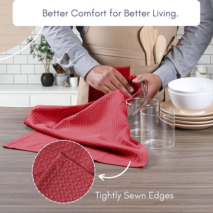 TWINY threads Red Kitchen Towels Set of 12, 16x26 Inches, 100% Cotton Waffle Weave Dish Towels, Soft and Absorbent Tea Towels with Hanging Loop, Washable Reusable Cloths for Cleaning