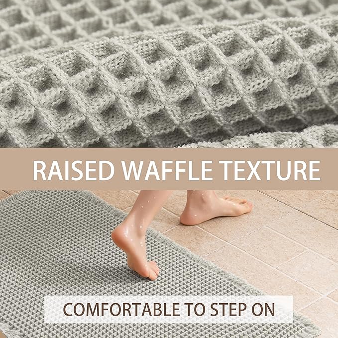 Waffle Bath Mat Non Slip, Boho Bathroom Rug, Super Absorbent Quick Dry Bathroom Mat, Soft Farmhouse Bath Rug with Tassels, Small Washable Shower Mats for Floor 16"x24", Light Grey