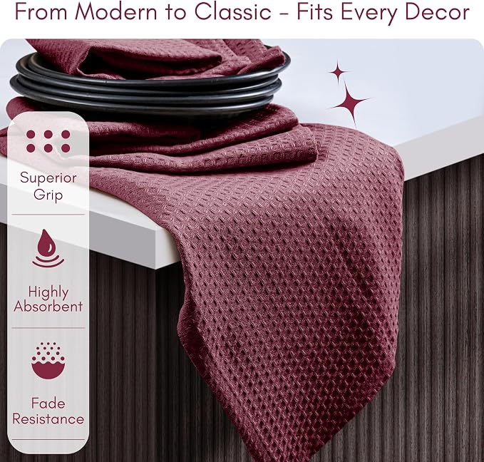 TWINY threads Dish Towel Waffle Weave, Set of 4, 16x26 Inch, Premium Large 100% Cotton Kitchen Linen Pack, Absorbent Cloths for Drying Dishes, Cookware, Quick Drying, Machine Washable, Burgundy Wine
