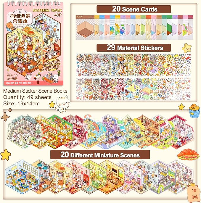 ASTARON 20 Sets DIY 3D Sticker Scene Book Sticker Therapy for Adults, Make Your Own Mini Cozy Shop House Room Stickers Cute Cartoon Miniature Stickers, Relief Stress Pass The Time