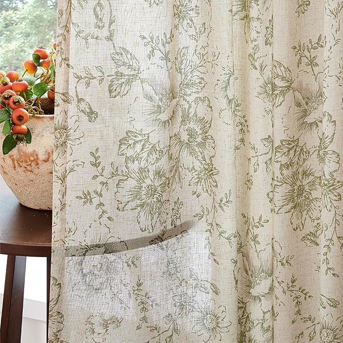 jinachan Linen Blend Floral Curtains for Living Room 63 Inch Length Christmas Sage Green Printed Curtain Rod Pocket Back Tab Farmhouse Peony Flower Patterned Drapes Bedroom Curtains Set 2 Panels