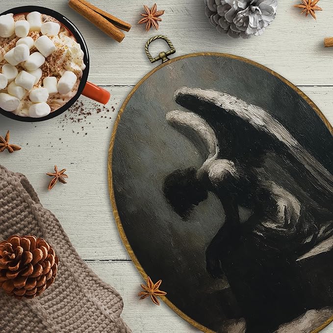 CUANFDDSF Vintage Halloween Angel Oval Wall Art Decor, Halloween Wall Hanging Decor, Moody Rustic Dark Academia Gothic Angel Framed Canvas Prints for Home Bedroom Living Room, 8.6x11.4 Inch